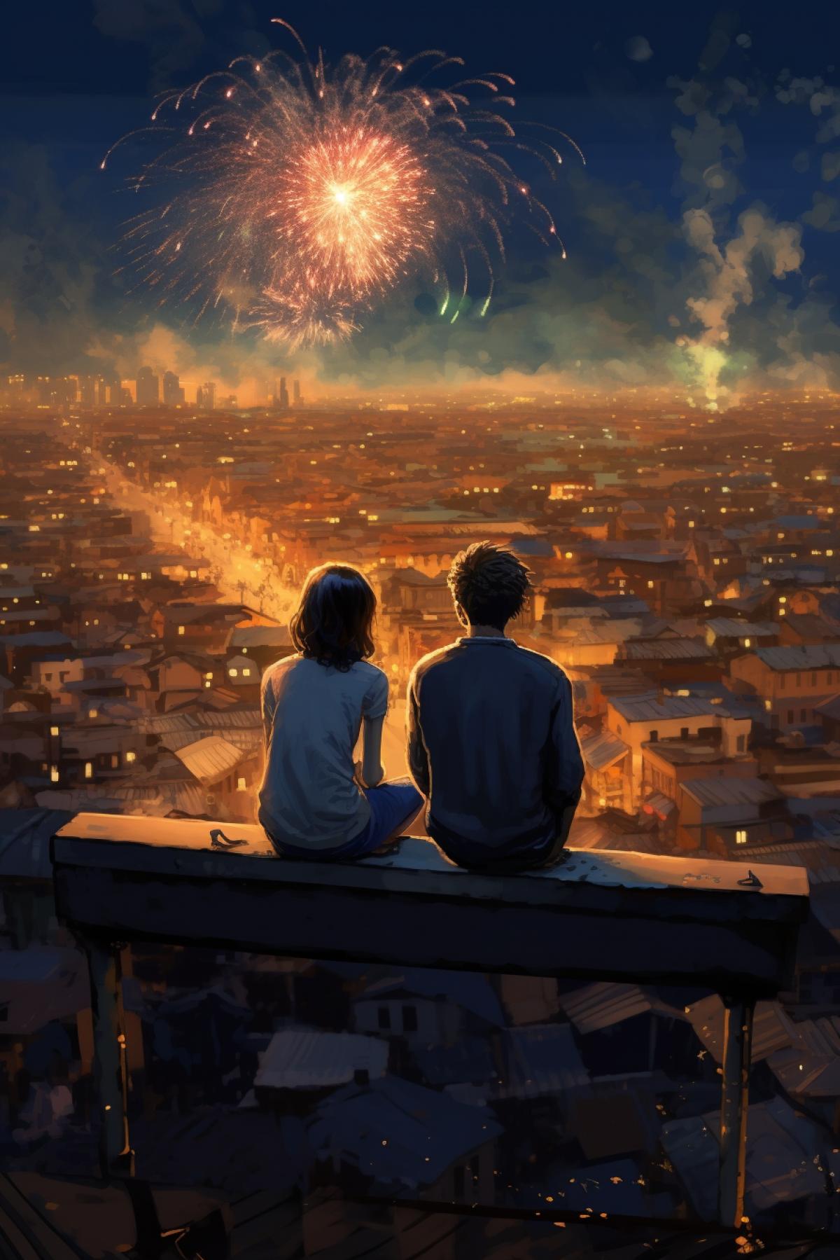 A man and a woman sit on the roof and watch the fireworks