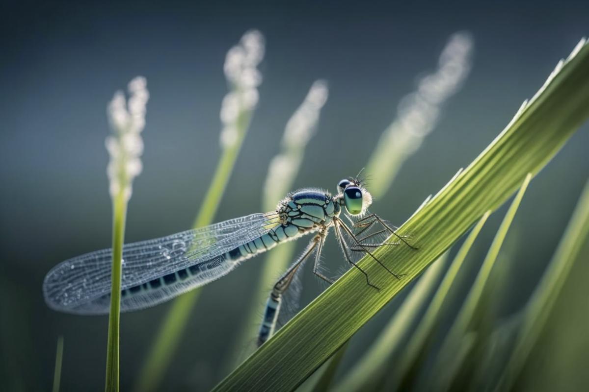 Dragonfly on a blade of grass, macro photography, professional photography