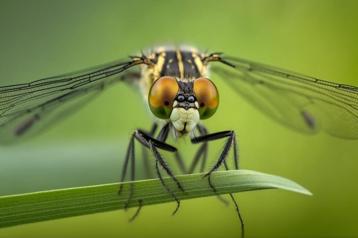 Dragonfly on a blade of grass, macro photography, professional photography