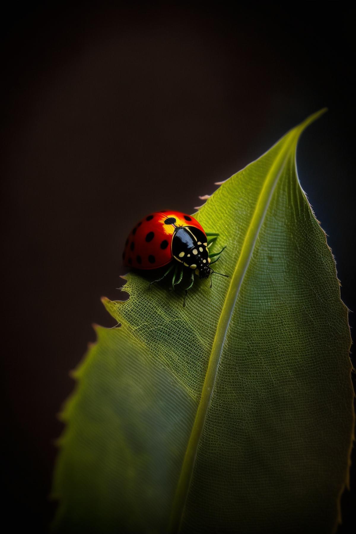 ladybug on a leaf of a tree in the morning, professional macro photography, dark background