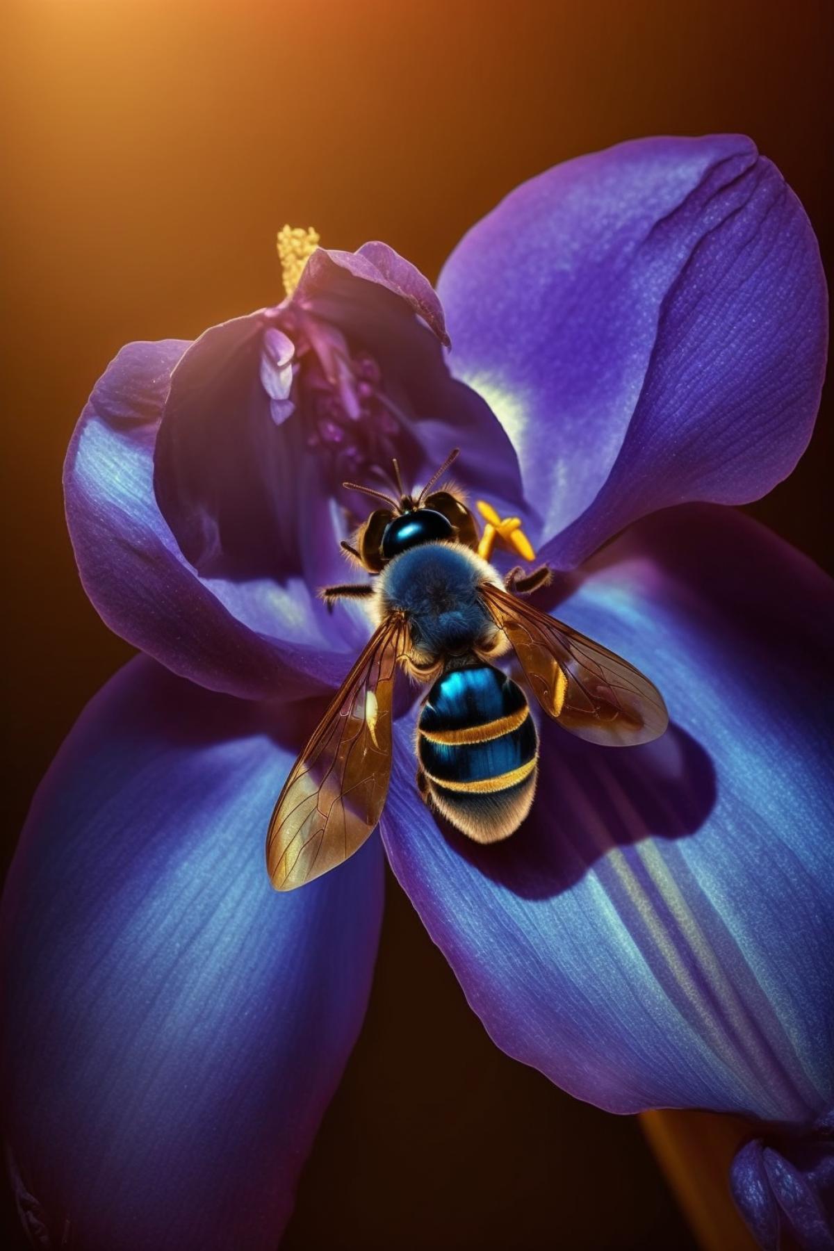 Macro photography orchid with a tiny bumble bee sitting inside. Golden hour. DSLR. Hyper detailed. natural spot light lighting. Blues and shimmering purples. glare. diagonal. centered shot. Rich colors.