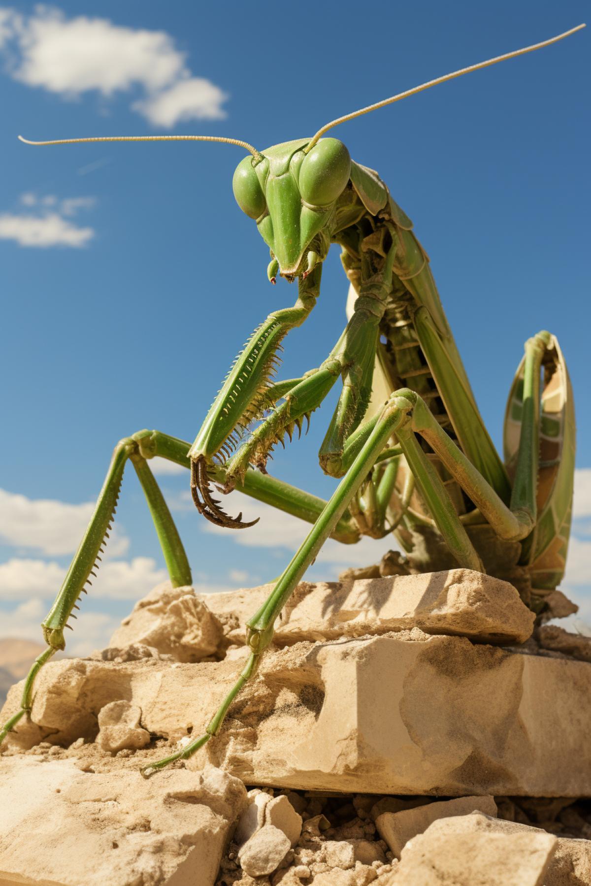 Praying mantis destroys an ancient Greek monument with a jackhammer