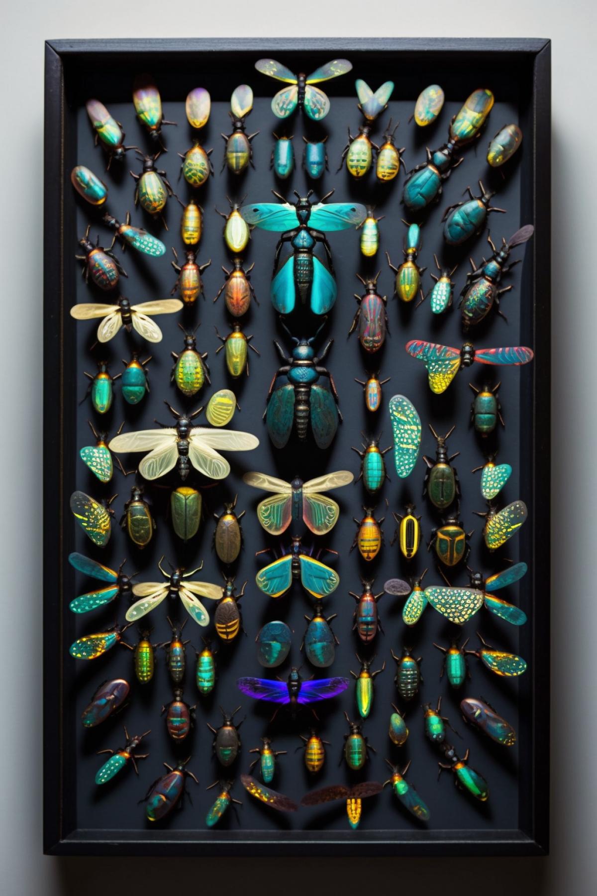photo of hundreds of iridescent beetles and iridescent butterflies, arranged neatly, crowded with insects, completely full of neatly organized insects mounted in a shadow box, 35mm photo, museum display, perfect direct lighting, iridescent insect display box, white background, top down view