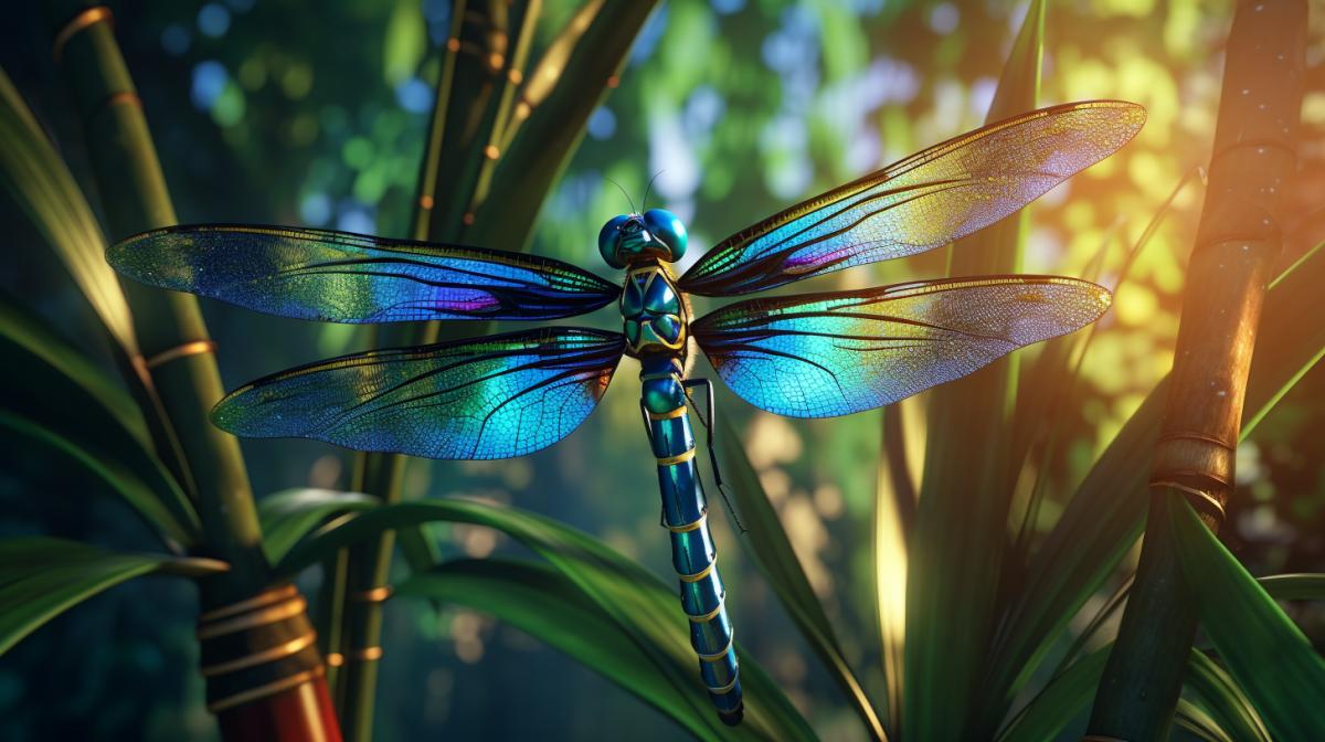 Dragonflys with iridescent wings in bamboo forest photorealistic bright colors, high performance, photography, HD and quality, cinematography, photorealistic, epic com4k unreal engine, cinematic, color correction, portrait photography,