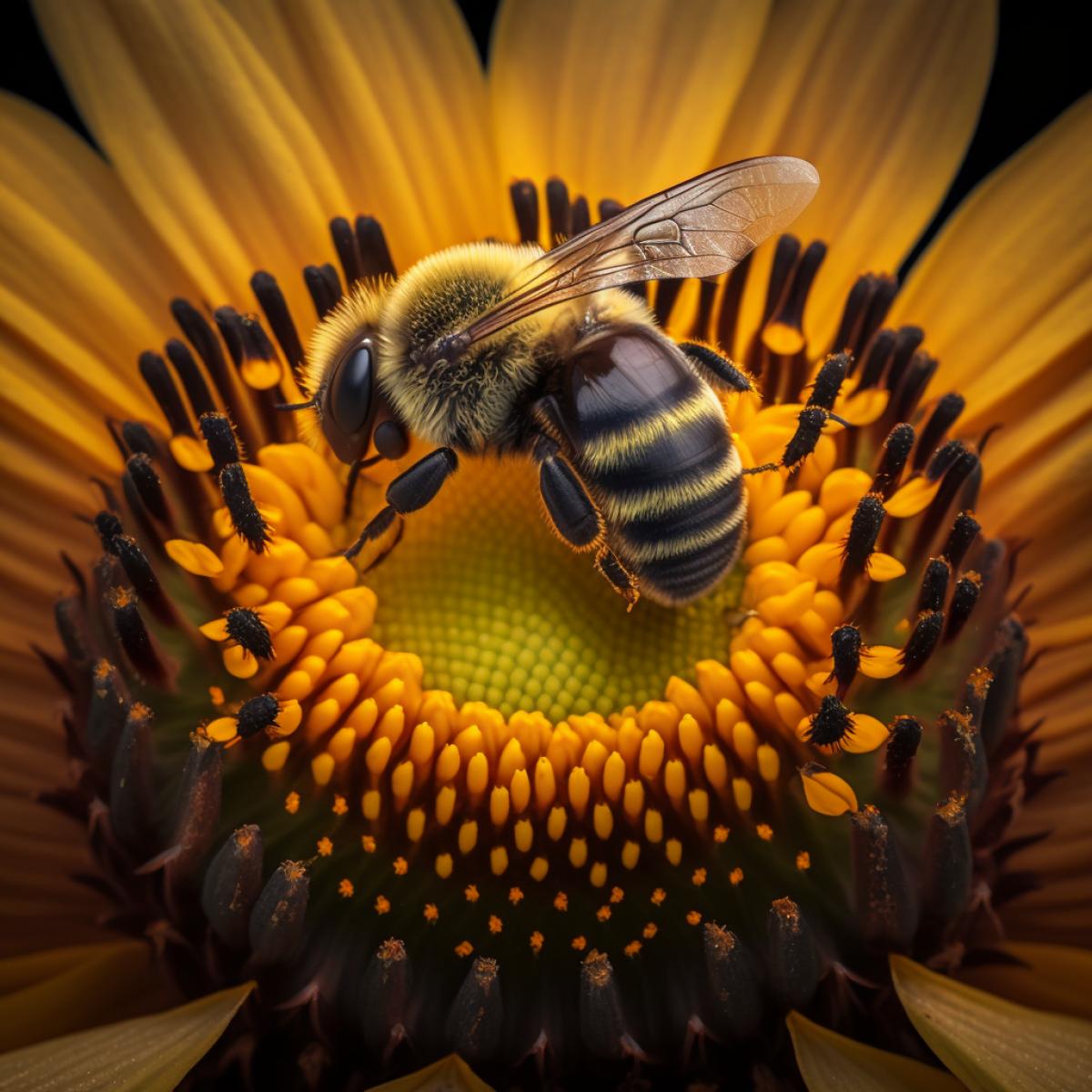 macro photo, realistic, detailed, high resolution, immersive, bee collecting pollen on a sunflower