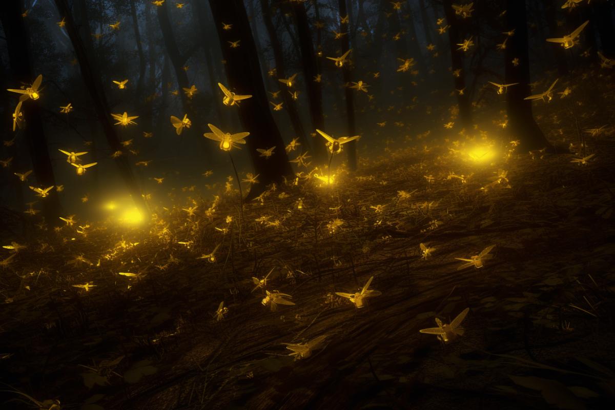 Fireflies in the night forest, mysterious photo, contrasting light