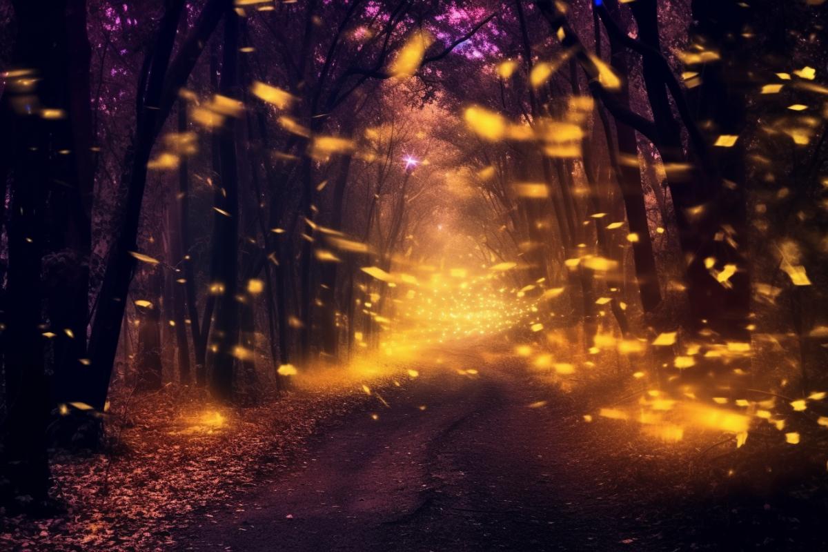 Fireflies in the night forest, mysterious photo, contrasting light