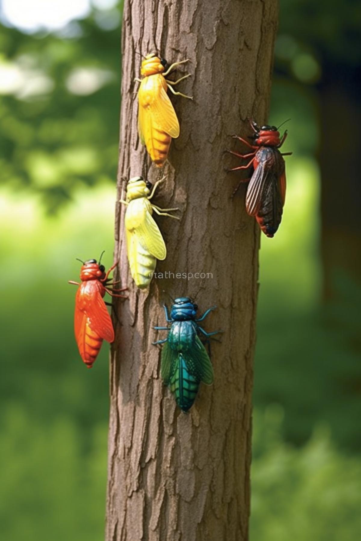 Multi-colored cicadas in the city garden, heat, summer.