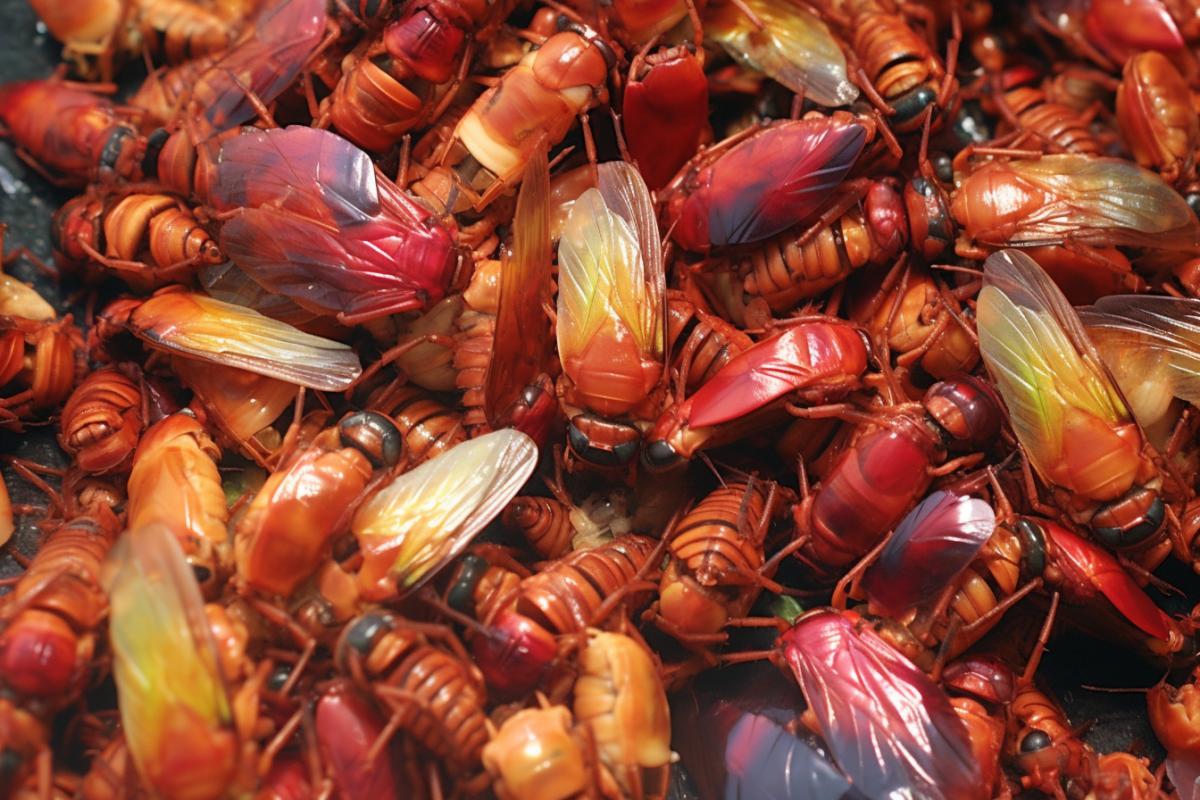 Multi-colored cicadas in the city garden, macro photo.