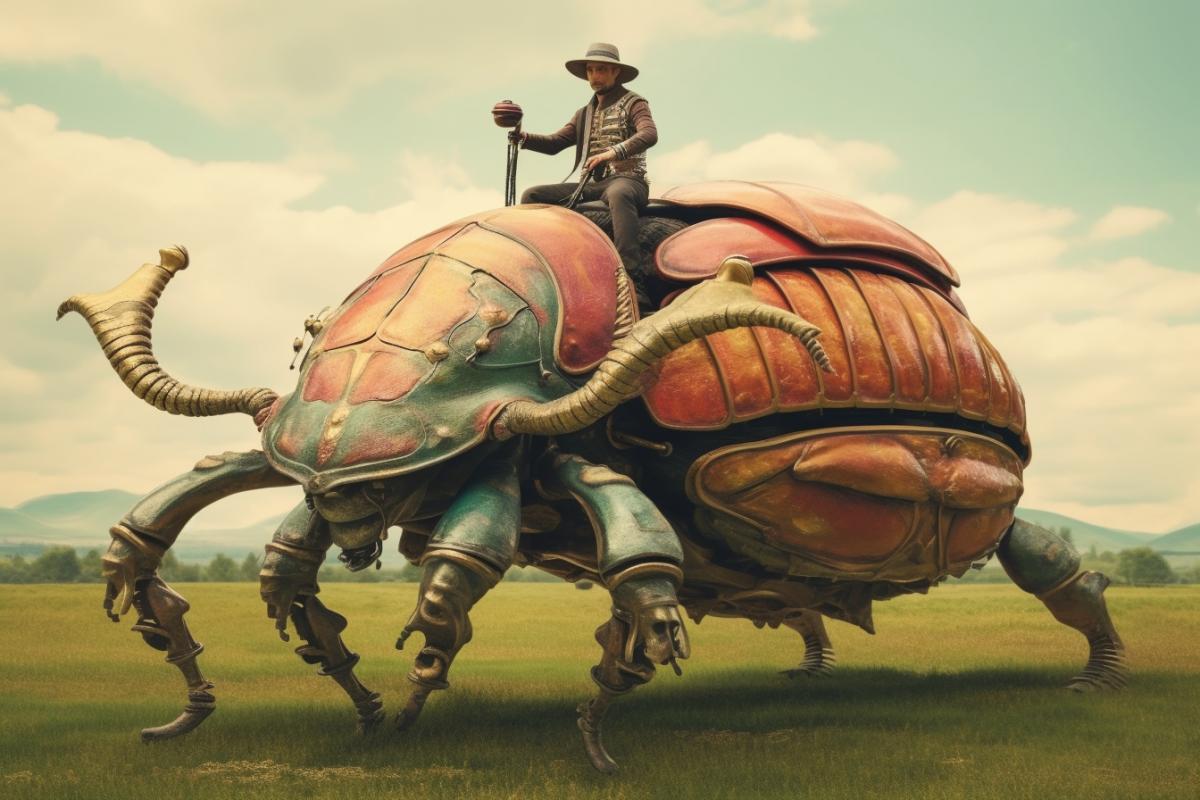 A man rides a giant beautiful beetle