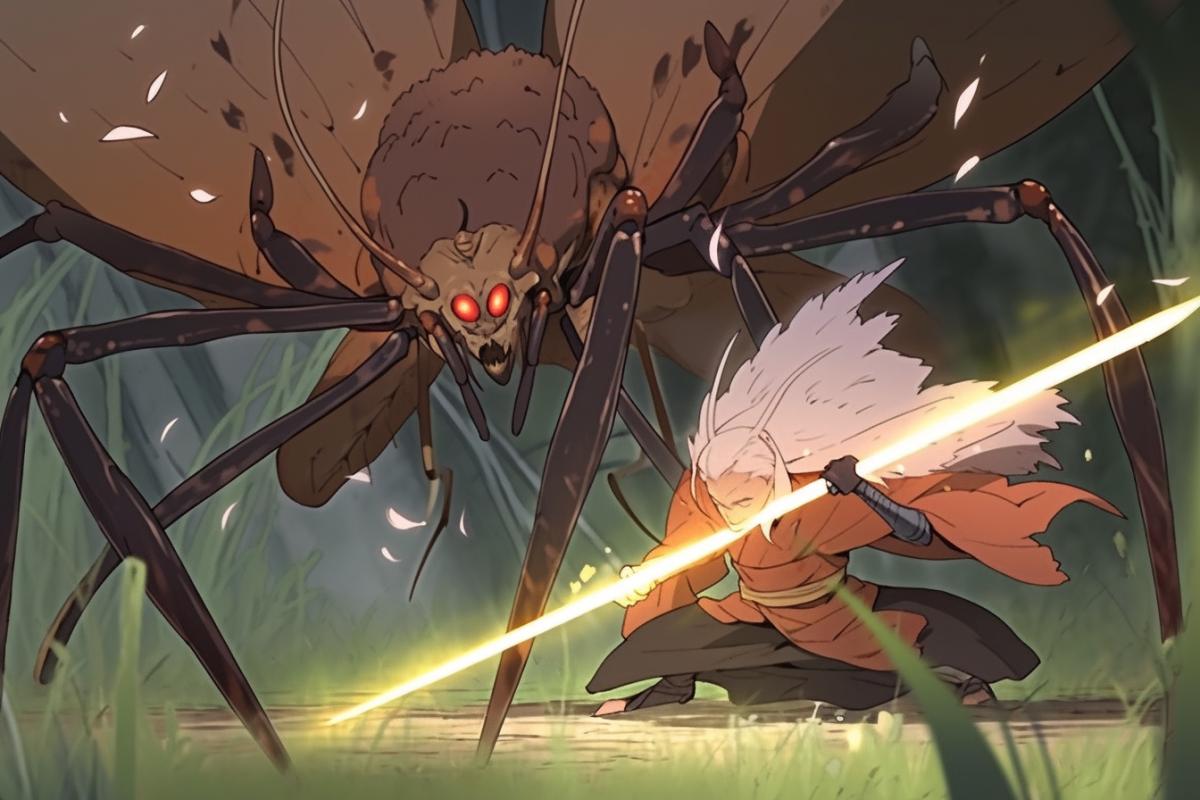 A mosquito attacks a spider with a saber.