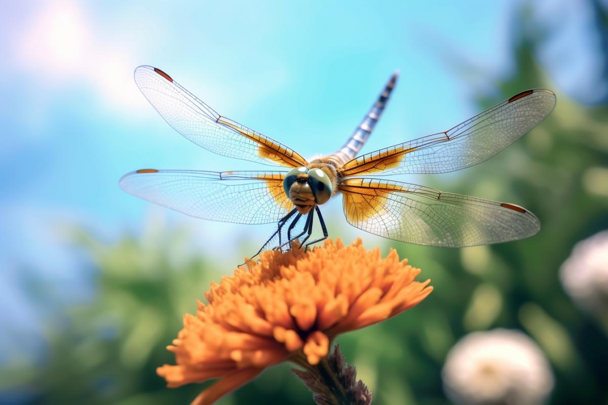 Dragonfly sings songs on a summer sunny flower lawn