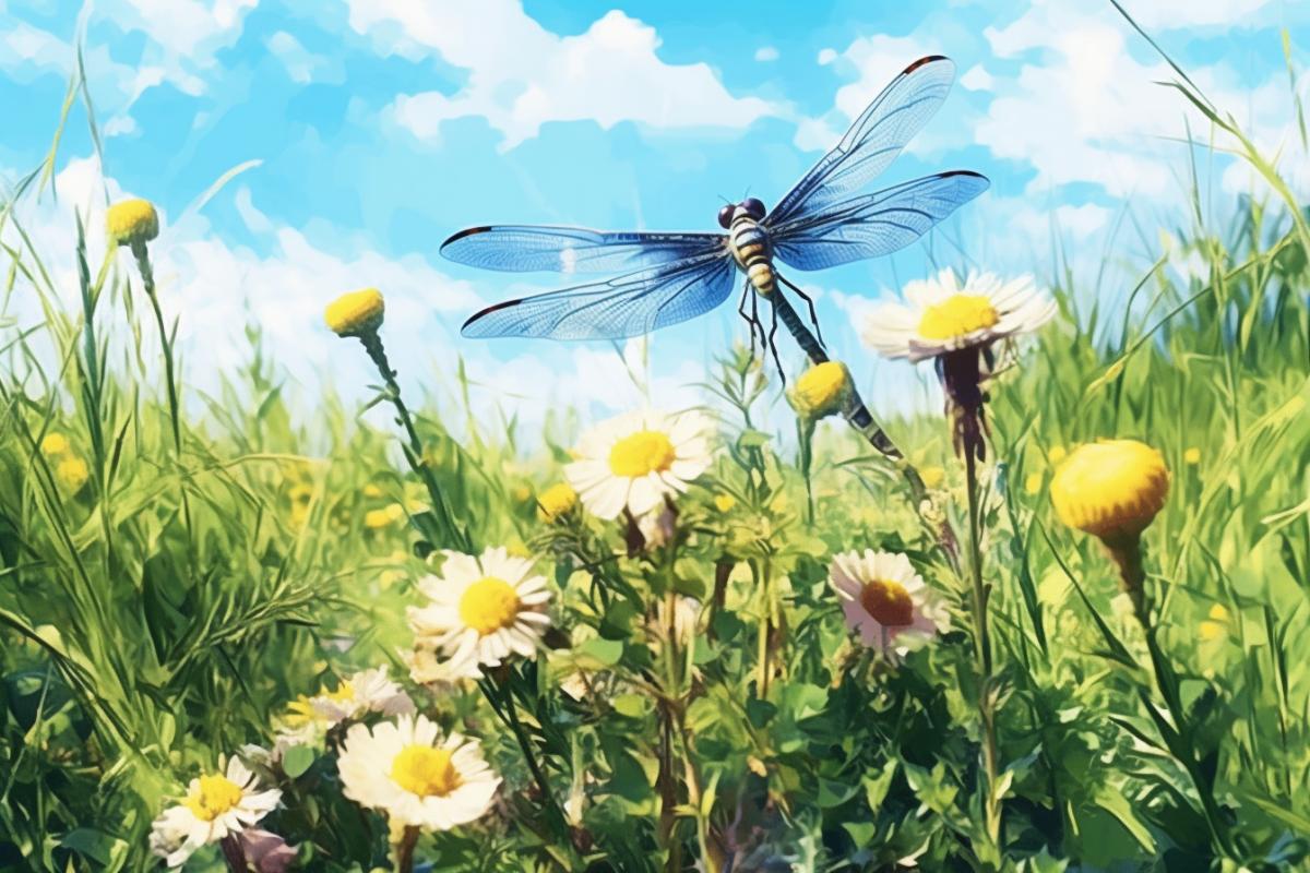 Dragonfly sings songs in summer sunny flower lawn, illustration