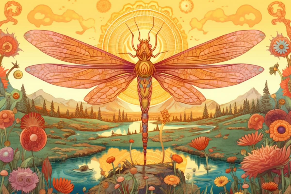 Dragonfly sings songs in summer sunny flower lawn, illustration