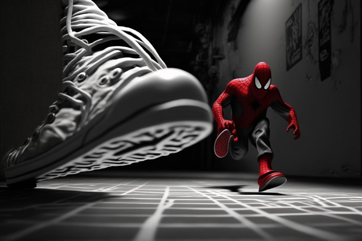 Spider-Man runs away from the giant slipper in a panic. dark and red. Photo made in the style of the movie Sin City