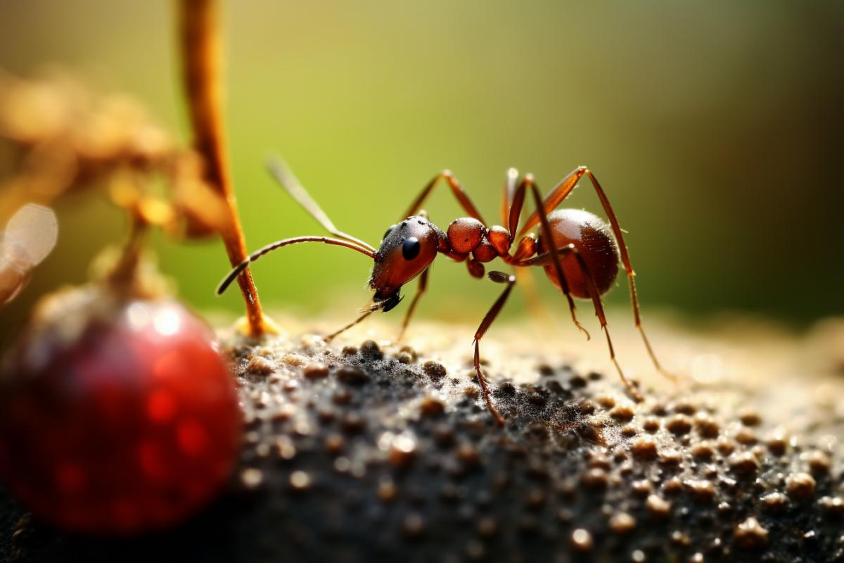 Ant dragging a berry, Nature photography in style of national geographic
