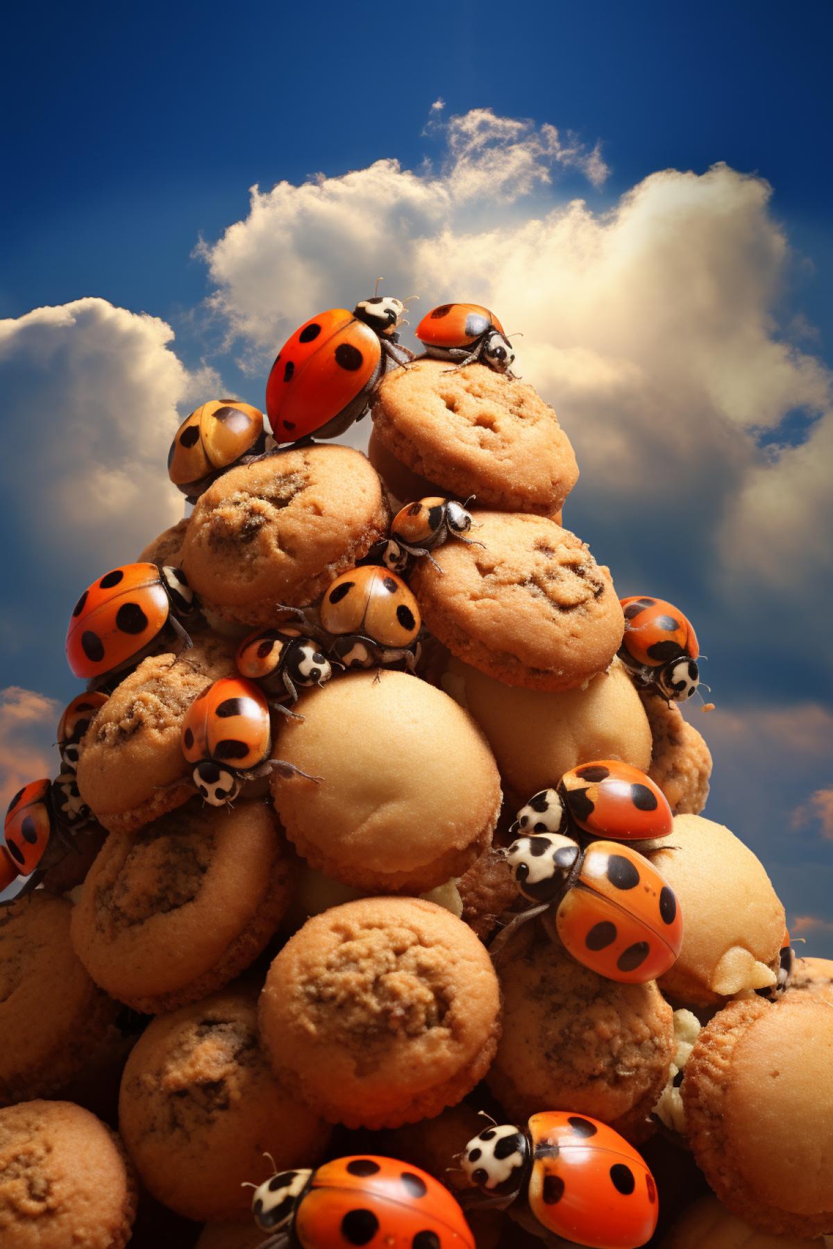 Ladybug mom and several ladybugs children sitting on the cloud in the sky eating delicious tasty chocolate sweets macro photo