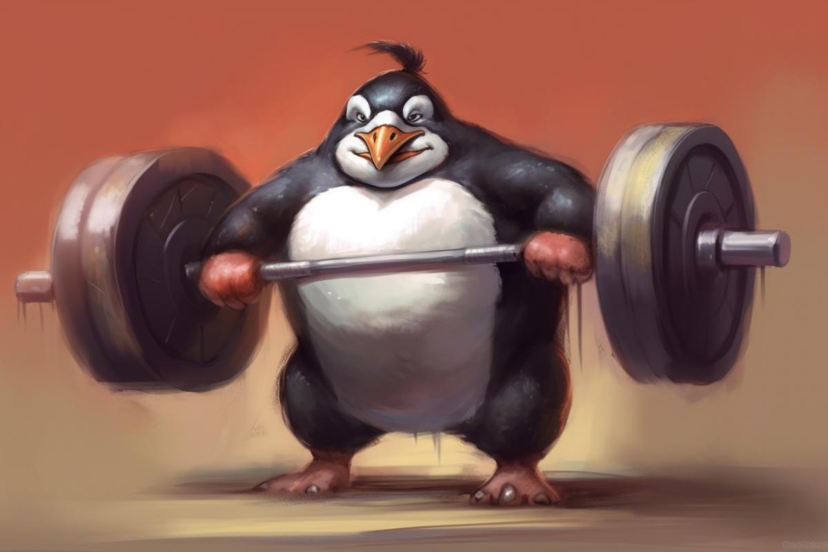 Muscular bodybuilder penguins doing sports