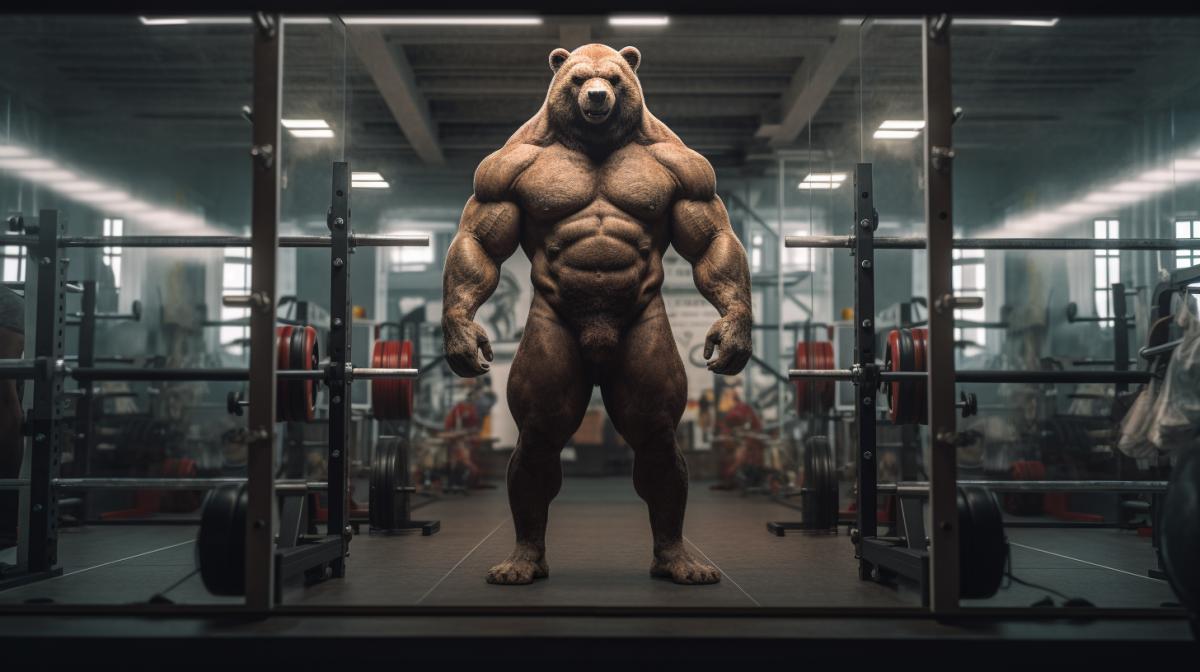 Bear humanoid Bodybuilder posing in front of a mirror in the gym big panorama super realistic real photography epic best lighting best quality 3d 8k stylization of the 1986 photo