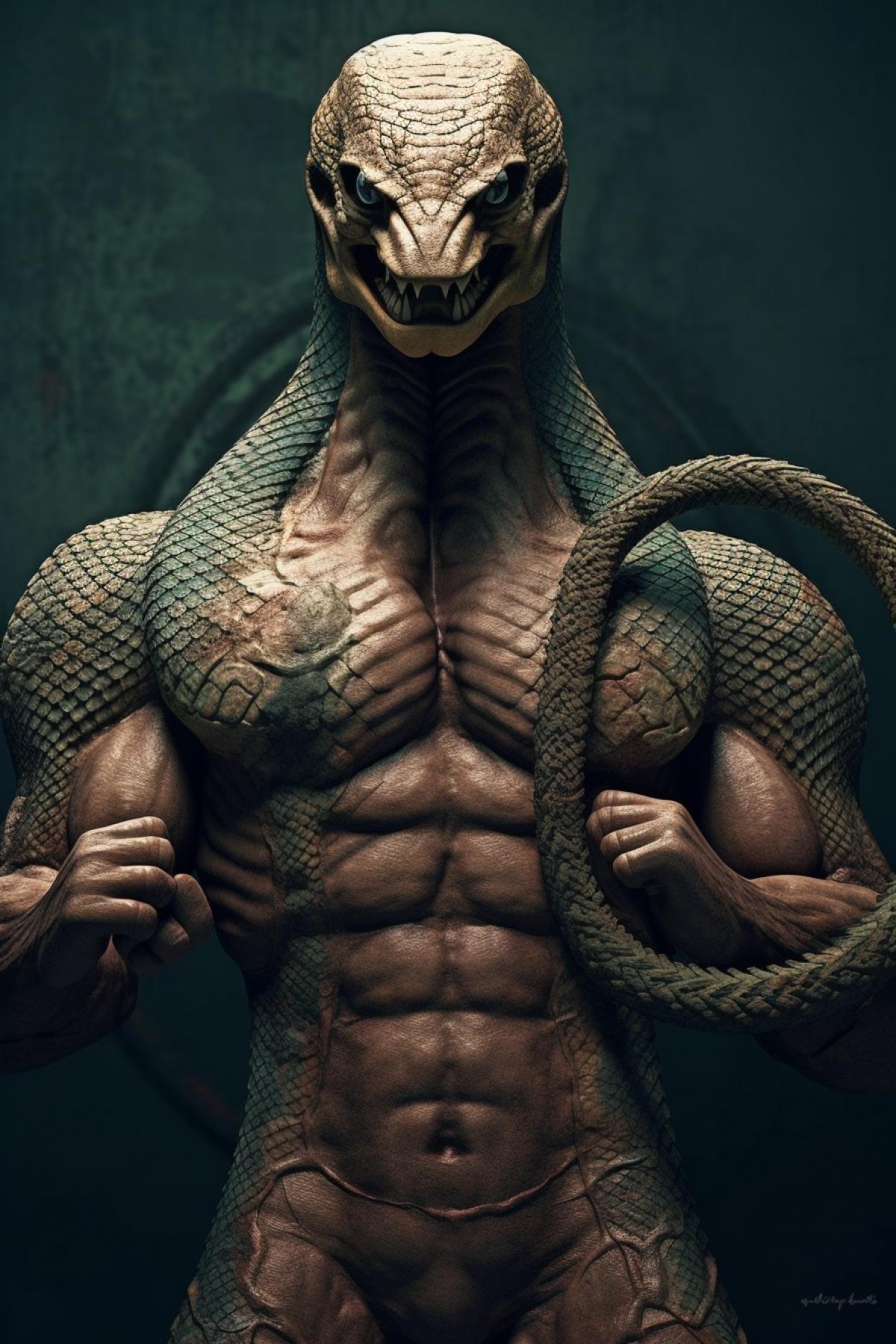 Snake bodybuilding, pumped up muscular body