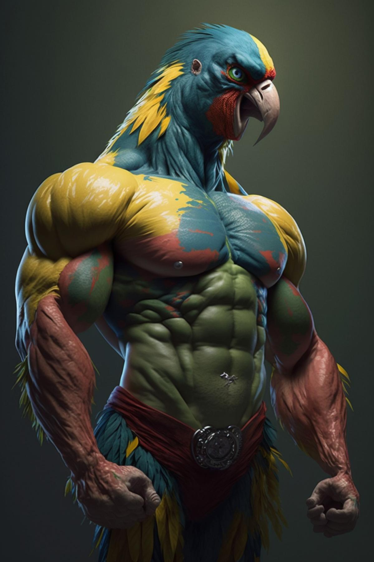 humanoid parrot as a bodybuilder, pumped up body