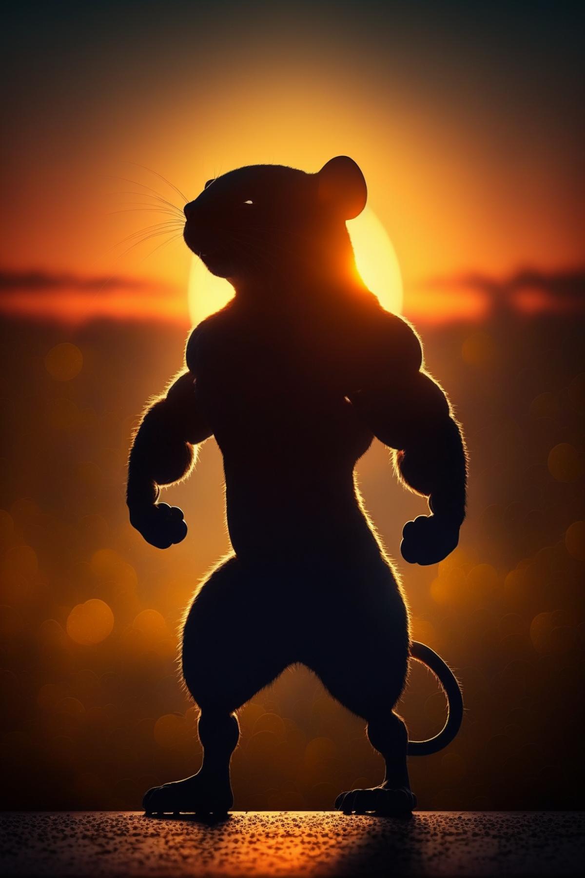 Silhouette of little mouse bodybuilder muscles in epic 4k on the background of rising sun awarded photo