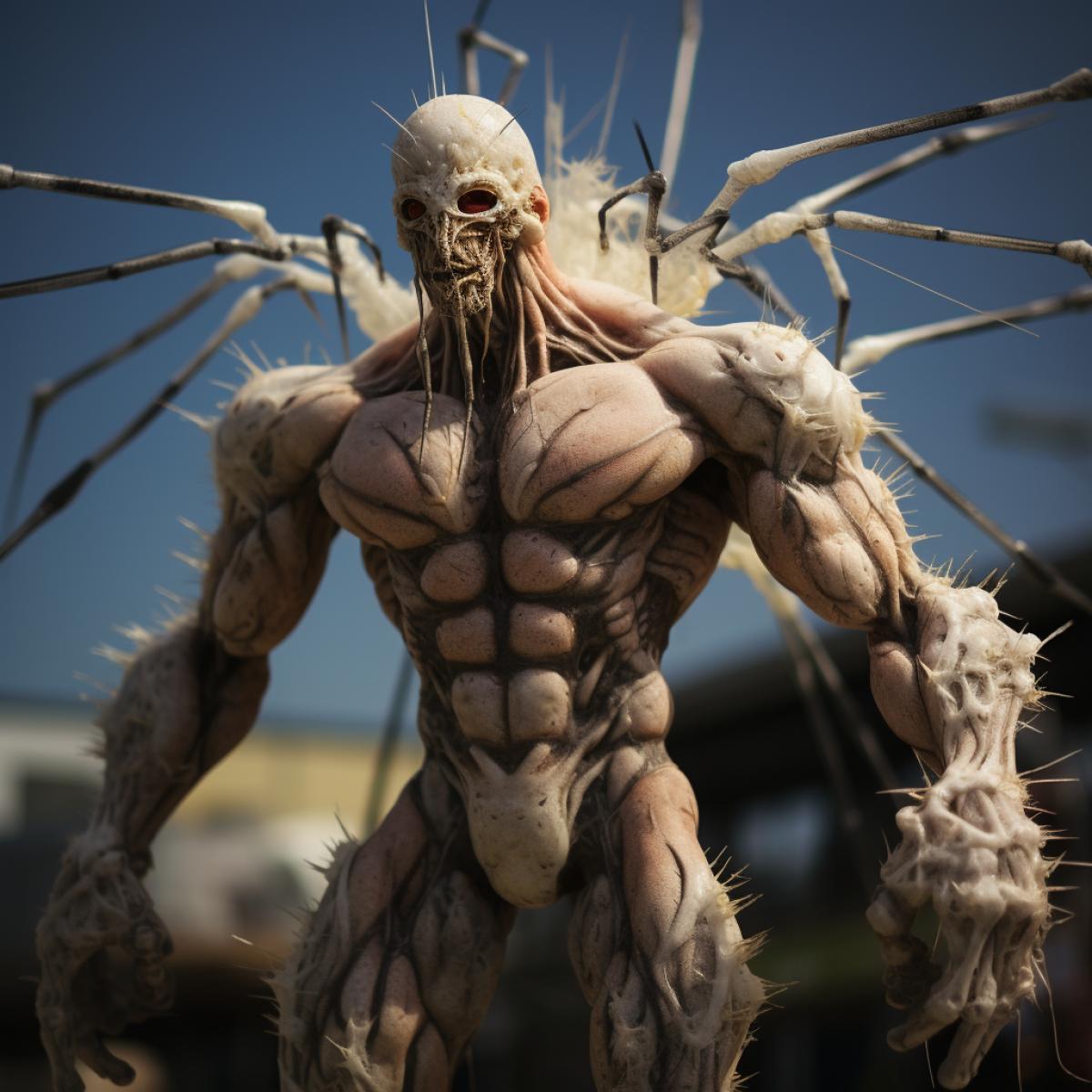 Pumped mosquito bodybuilder reminiscent of Schwarzenegger