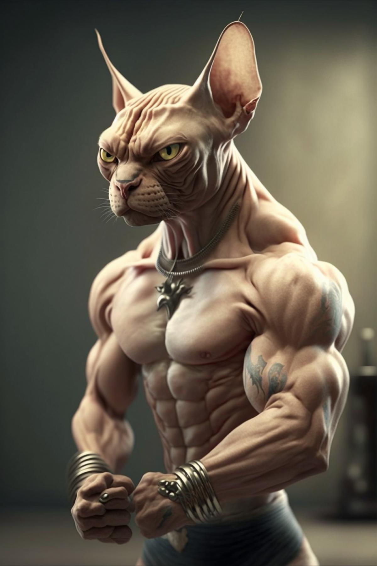 sphynx cat as a bodybuilder, pumped up body
