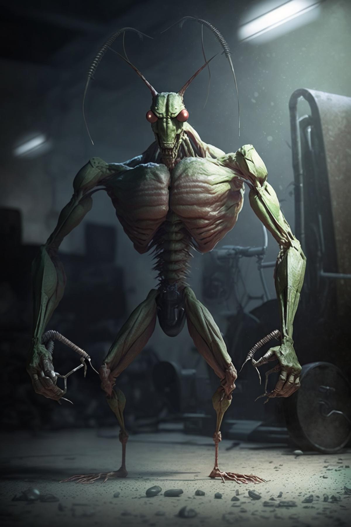 mantis bodybuilder doing deadlift in the gym