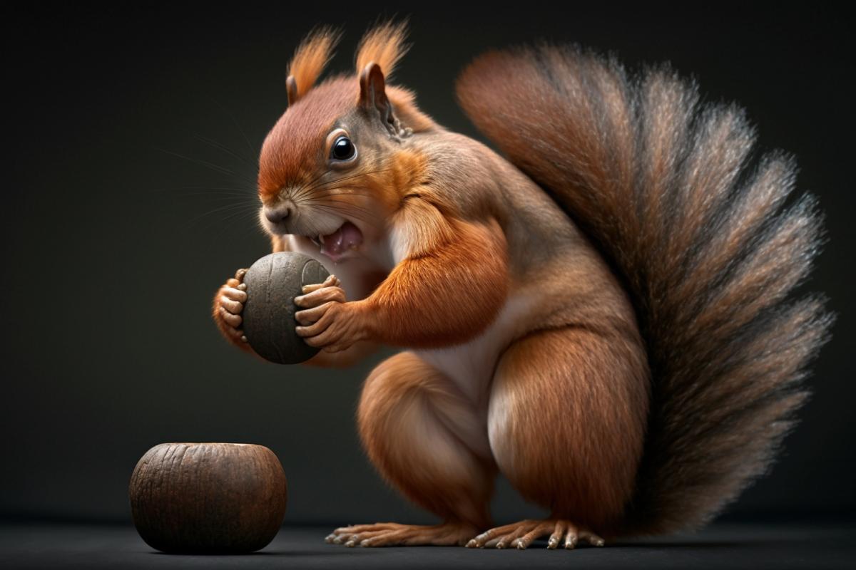 A squirrel with huge muscles lifts a large hazelnut like a weight