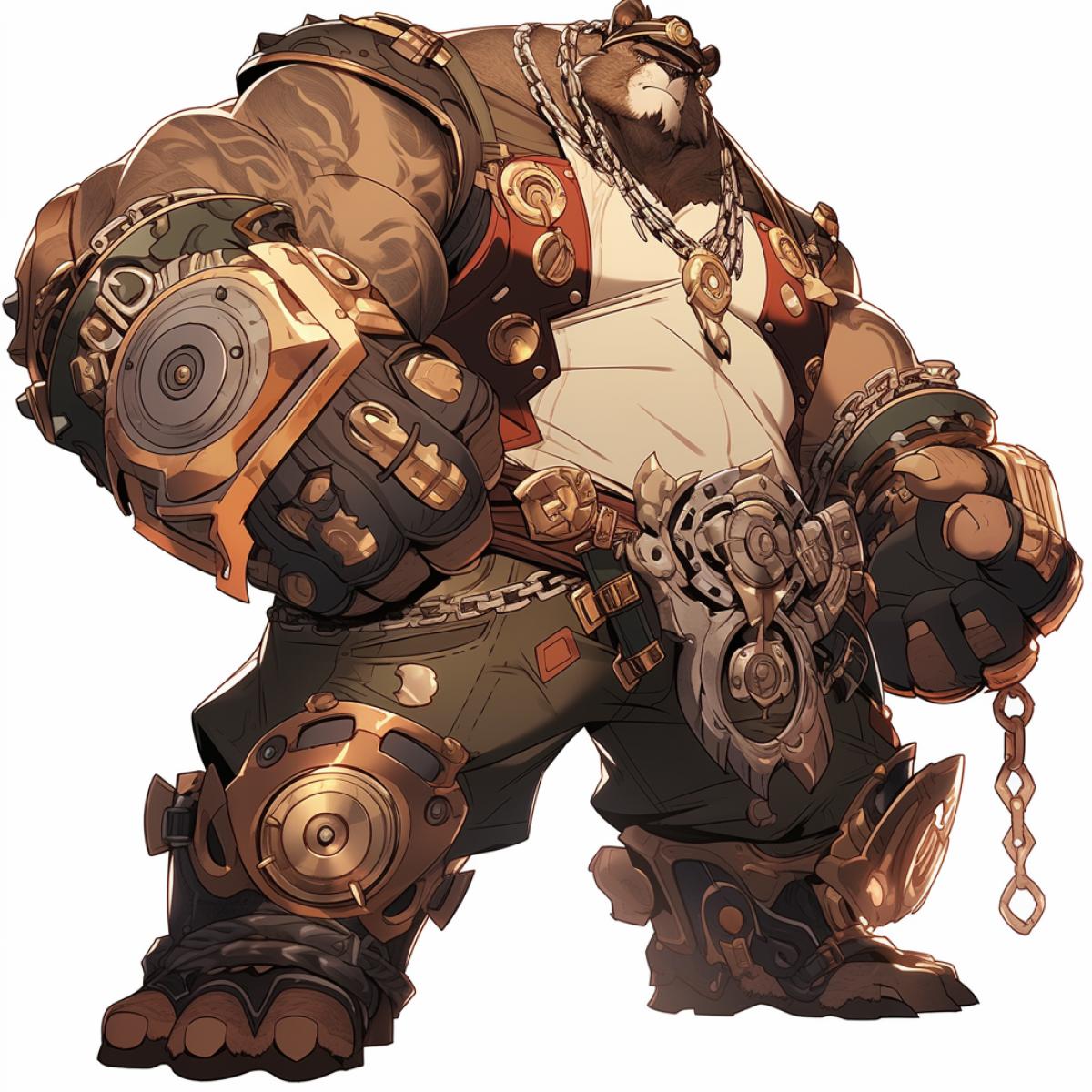 Bear is a mega-powerful bodybuilder. A strong beat. Comic style. Steampunk. 8k