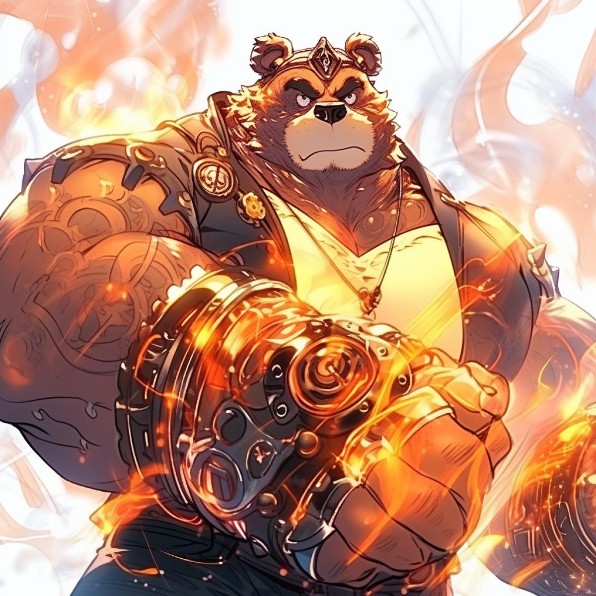 Bear is a mega-powerful bodybuilder. A strong beat. Comic style. Steampunk. 8k