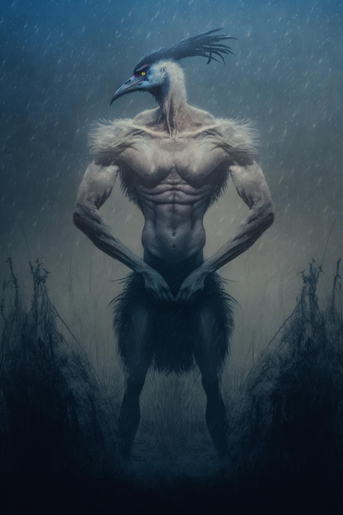 Muscular heron bodybuilder in the fog on the swamp