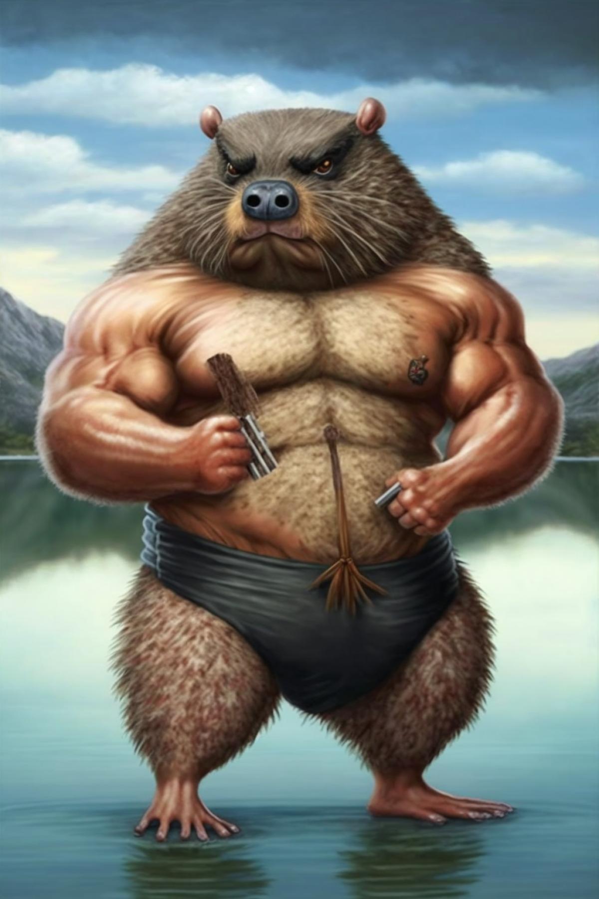 Very muscular beaver bodybuilder on the lake