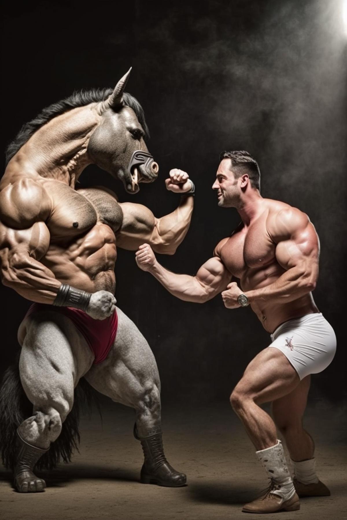 Muscular bodybuilder unicorn fighting knight