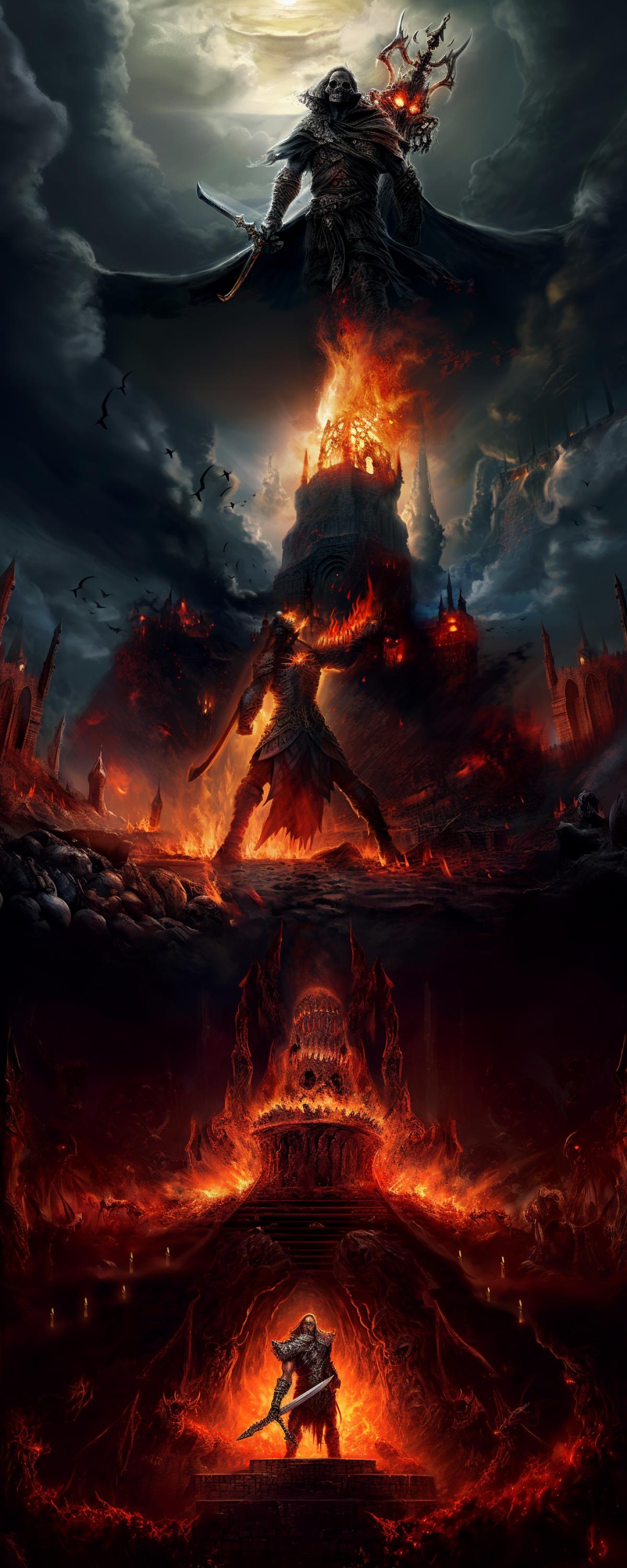 An undead warrior with a skull in flames and a ensanguined ax, against the backdrop of a giant dark castle, good drawing