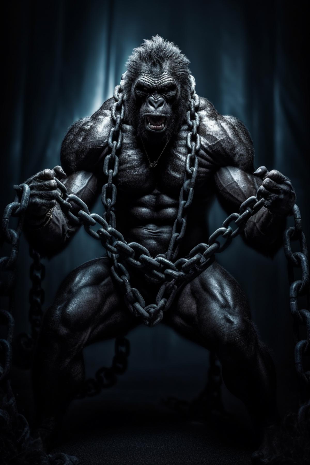 Huge dark animal gorilla bodybuilder in epic 4k breaks apart metal chain cinematographic light stop-frame photo