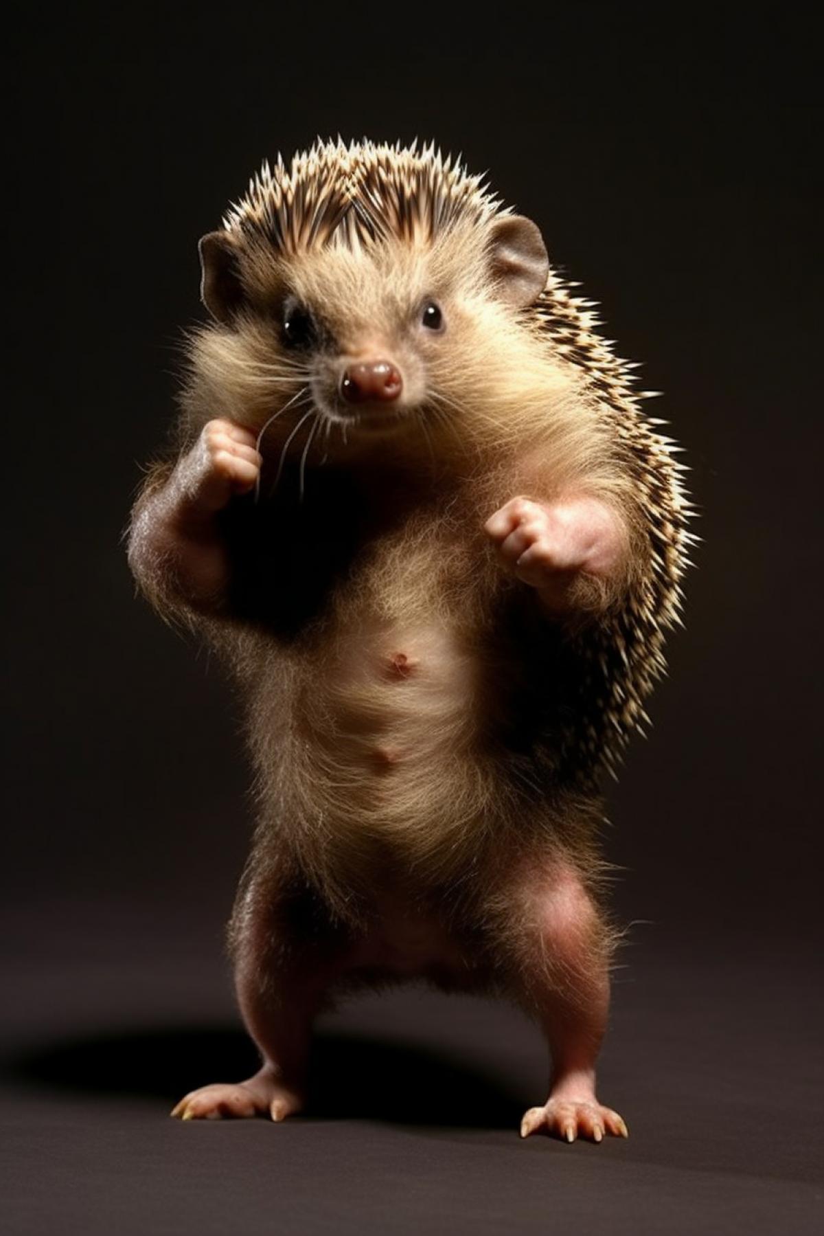 Tiny funny combat hedgehog bodybuilder with huge muscles armed and very dangerous ironic awarded photo
