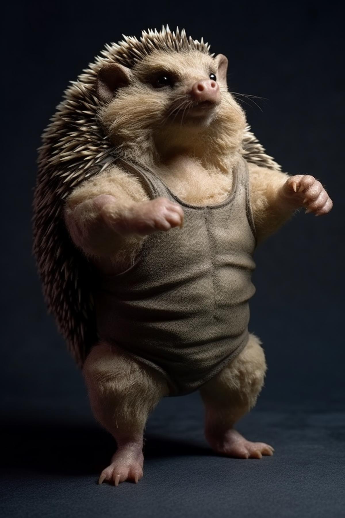 Tiny funny combat hedgehog bodybuilder with huge muscles armed and very dangerous ironic awarded photo