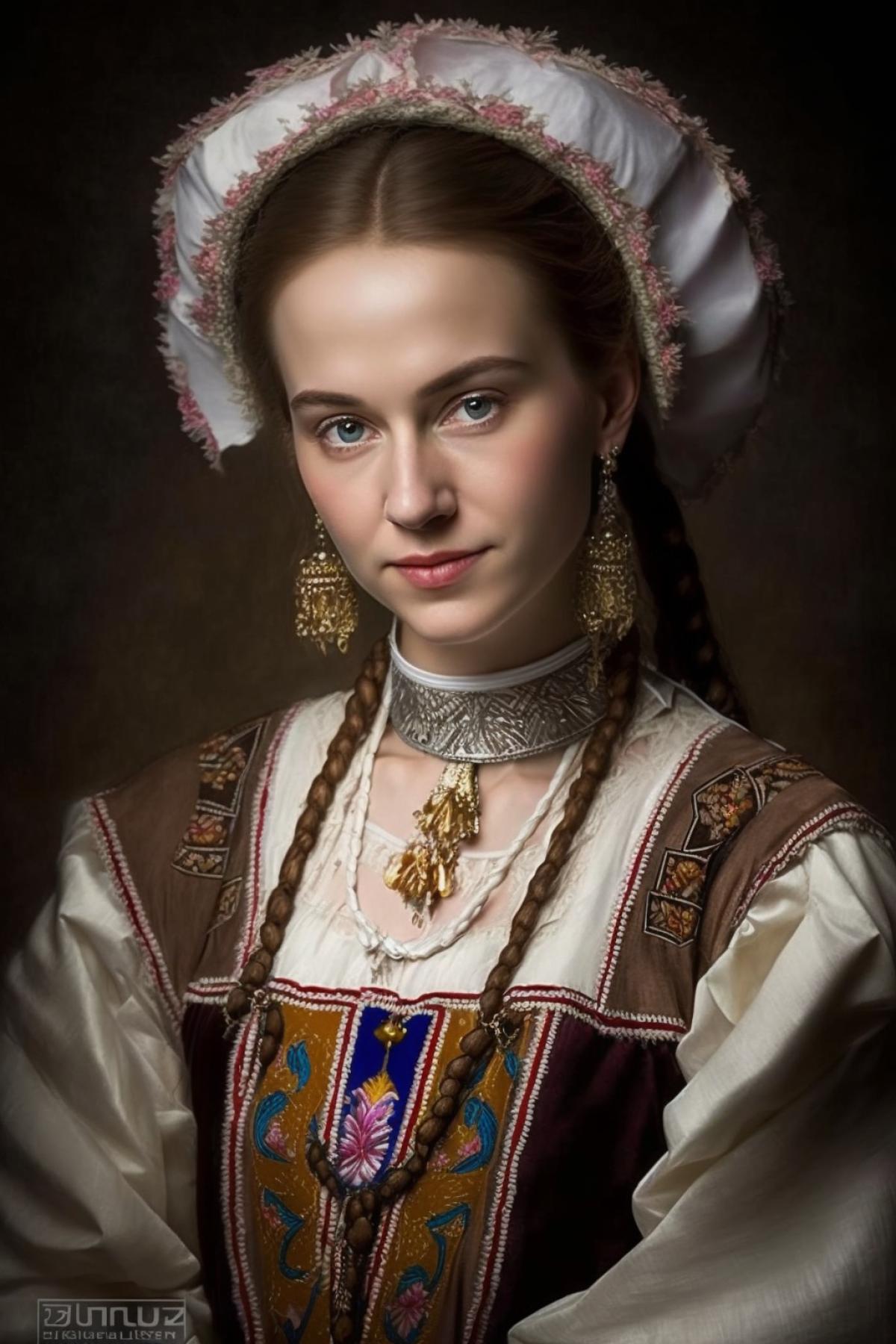 portrait of a young woman from the Moscow province of the 18th century in national costume, professional photography, studio light