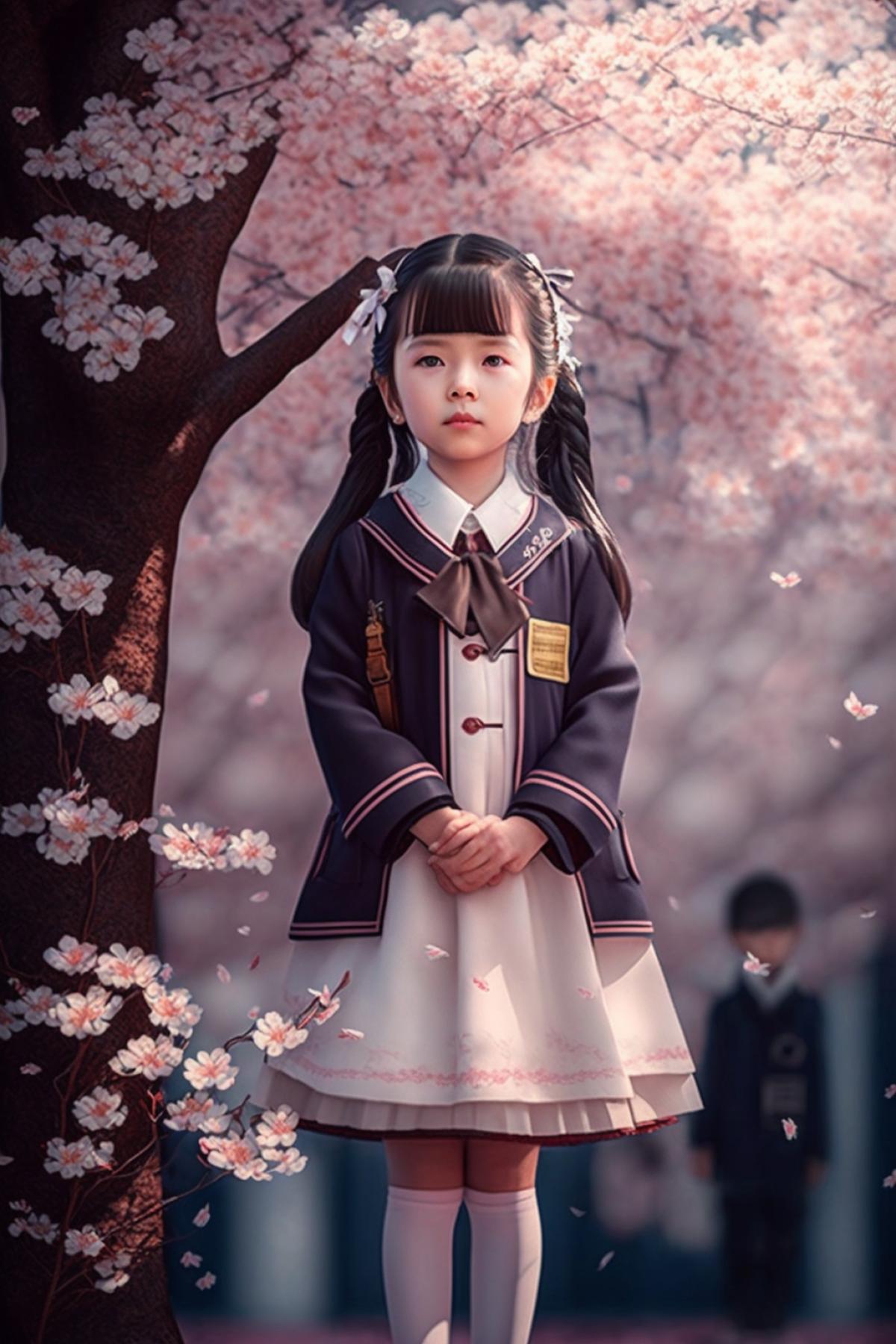 The cutest Japanese school girl. Photo in full growth. Sakura flowers. Shifted angle.