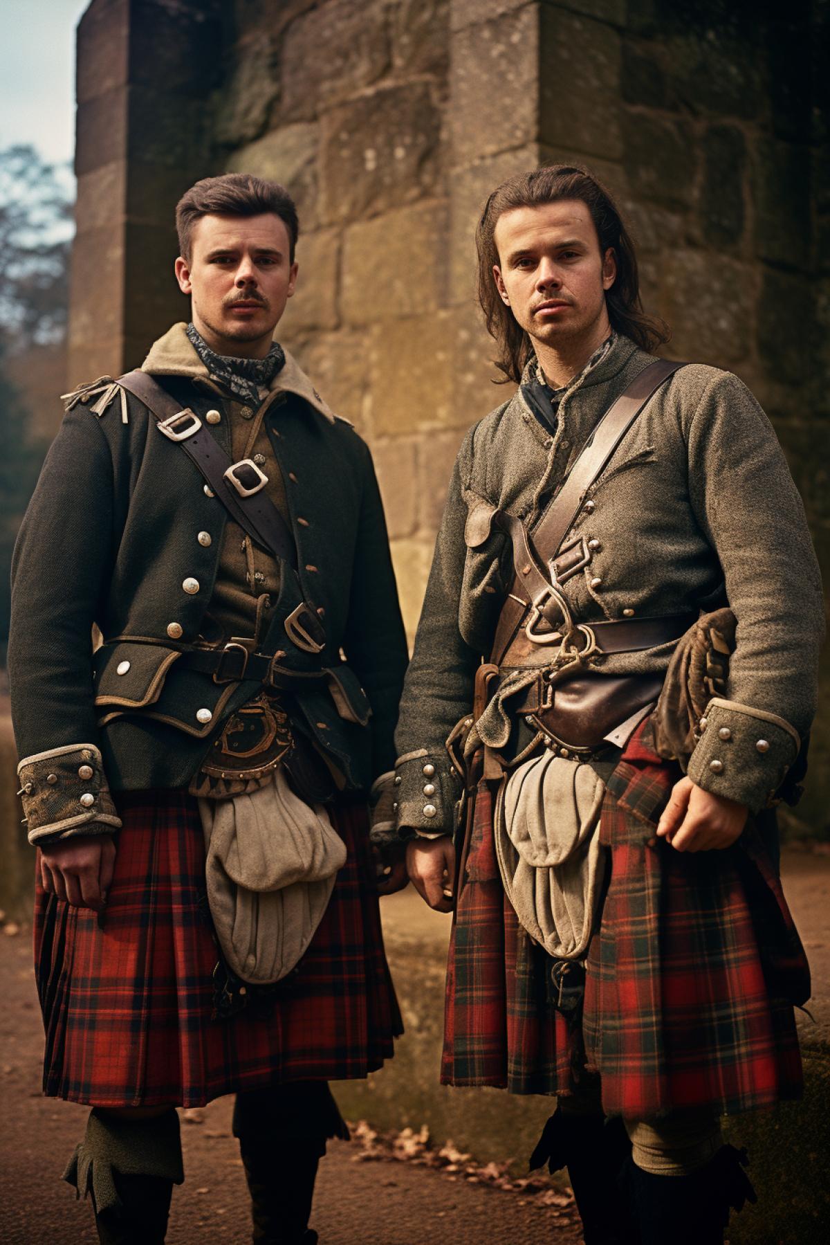 Scottish guardians wearing checkered kilts armed 17th century war time photo