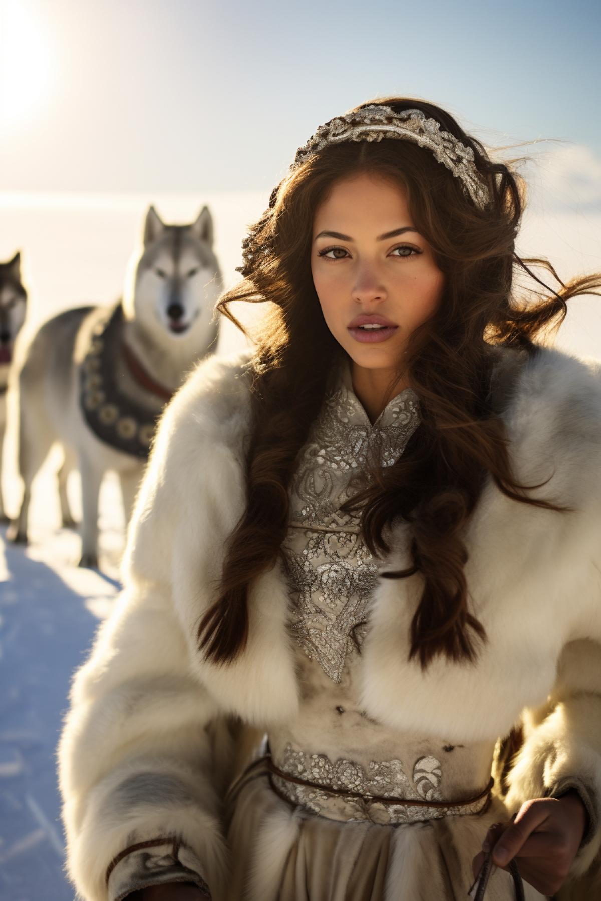 Alaska young beautiful squaw wedding national clothes driving the dog sledding along snow field epic drama photo quality