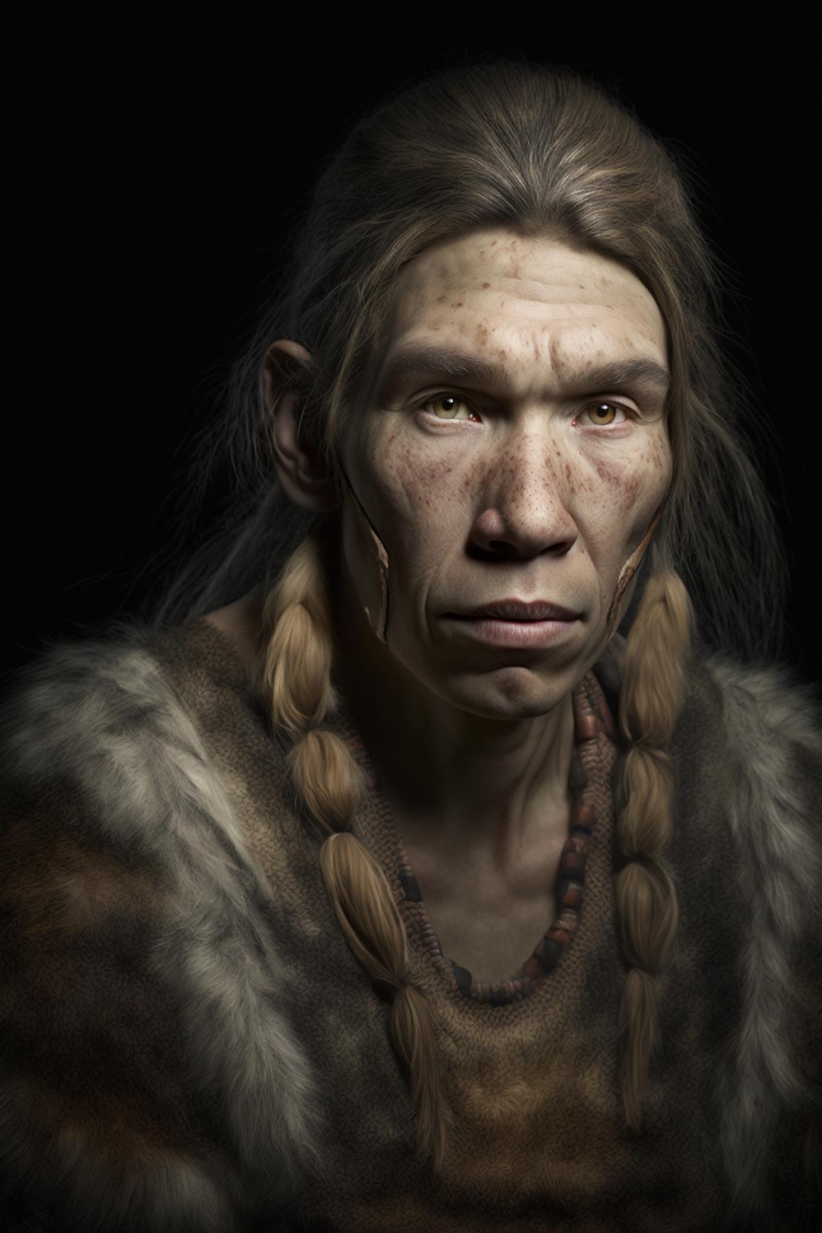 first intelligent female Neanderthal in national costume, professional photography, studio light