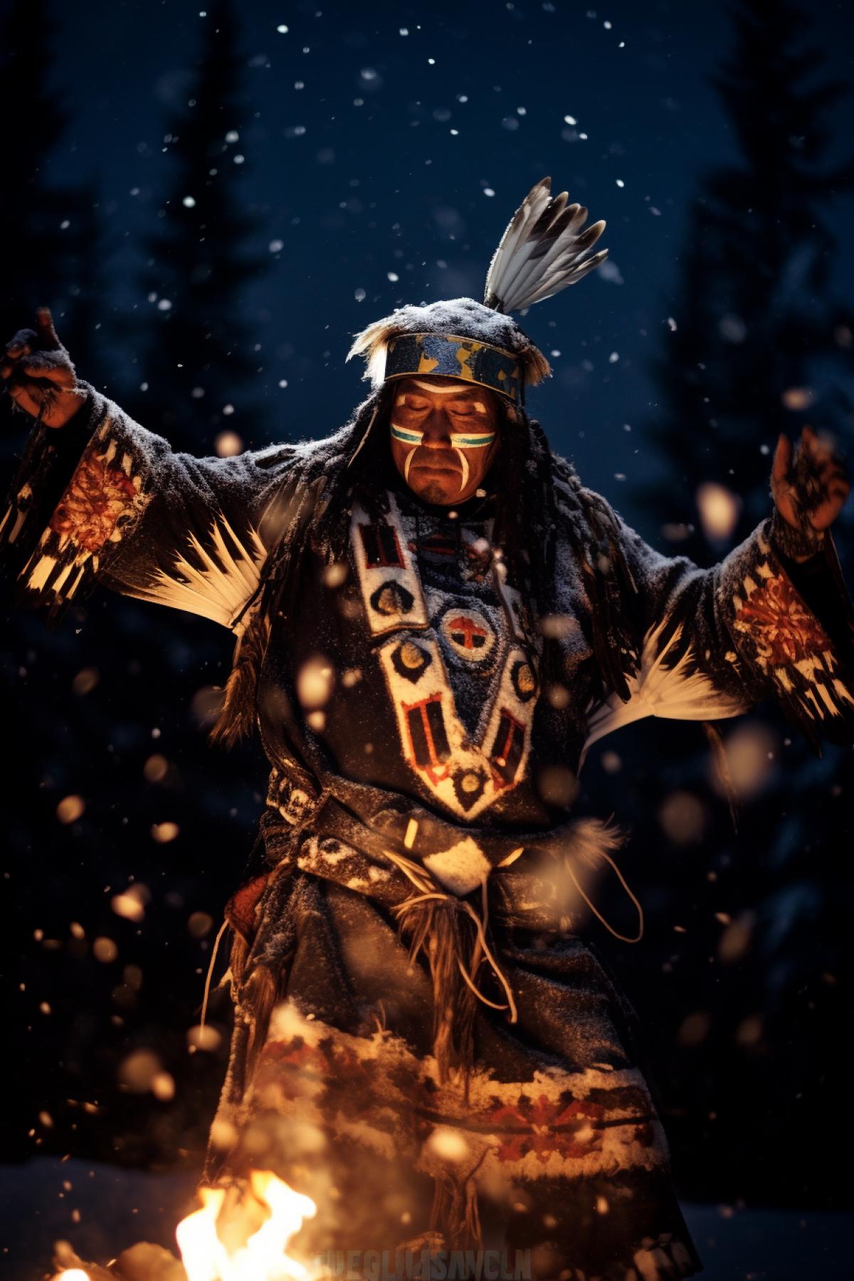 Alaska shaman wearing national clothes dancing around open fire starry night snow ice