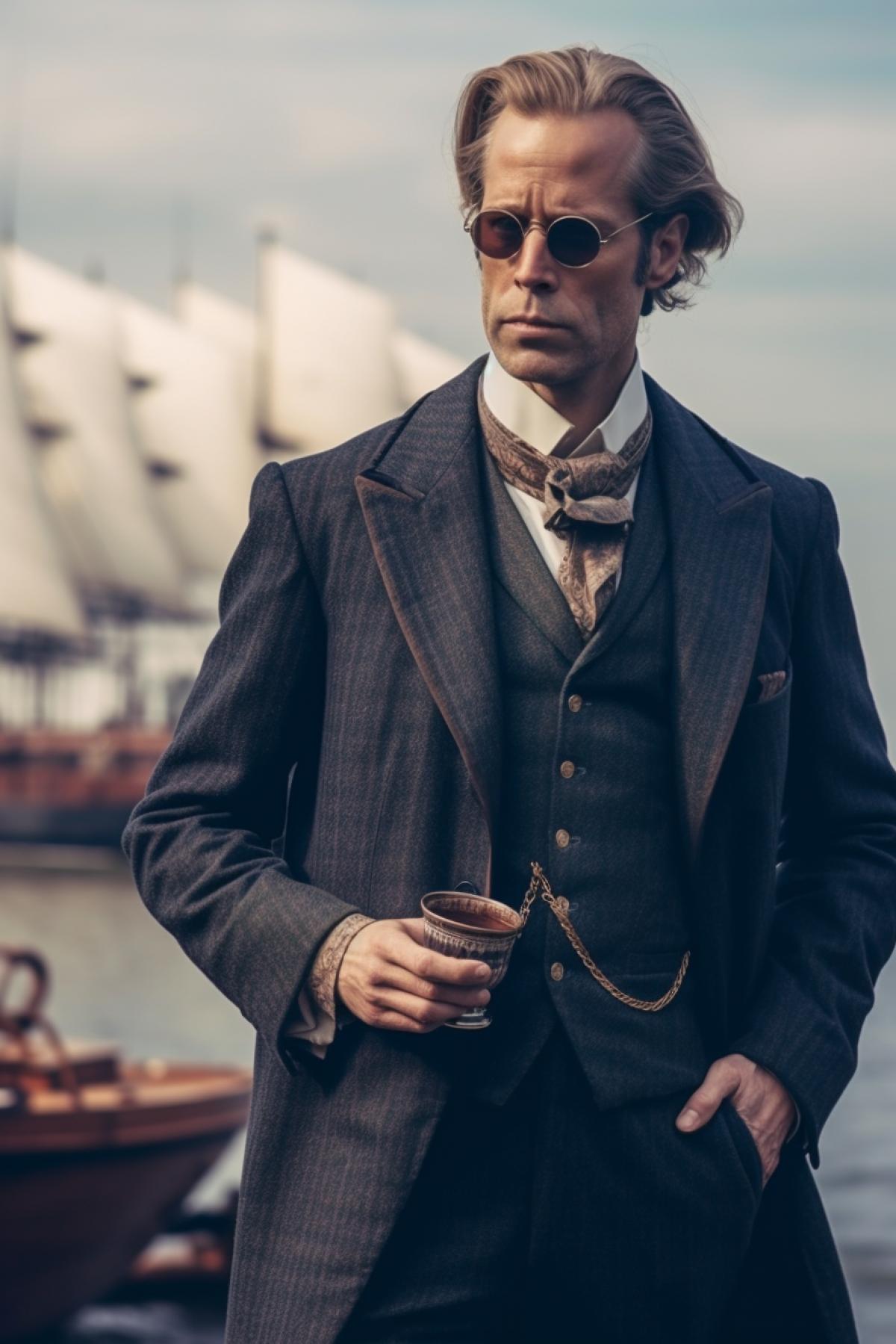 English classic wool suit. An English lord in pince-nez and a very expensive suit. The background is sailing ships of the 18th century, bales of tea. Photo in full growth. High detail.
