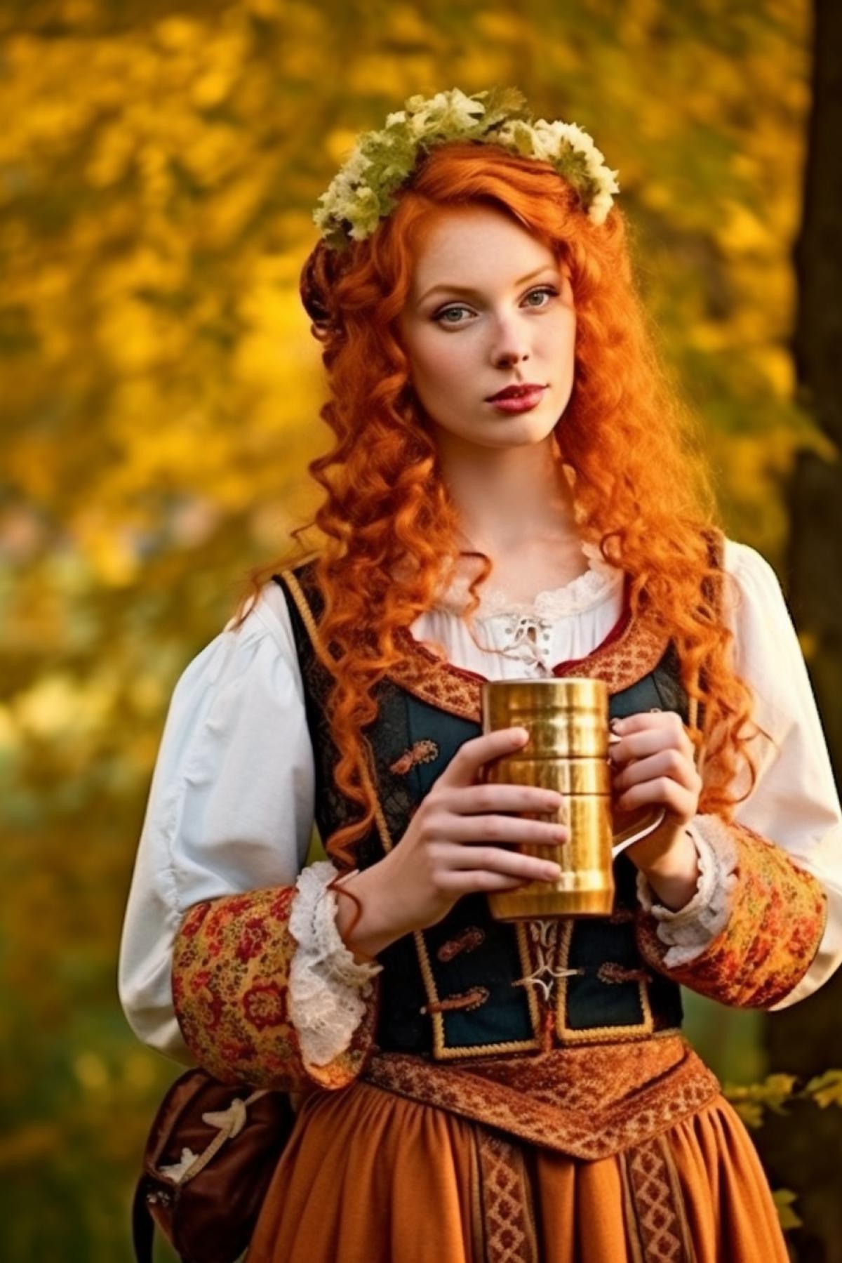 Young red-haired Bavarian beauty wearing national Bavarian dress carrying four cups of beer sunny October day photo