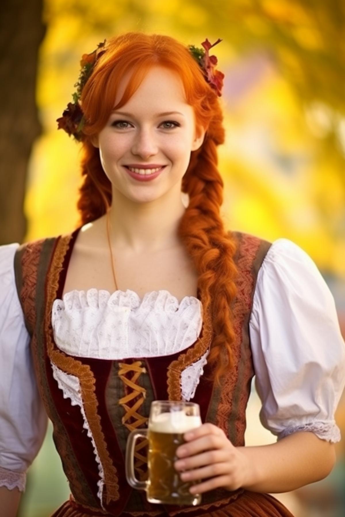 Young red-haired Bavarian beauty wearing national Bavarian dress carrying four cups of beer sunny October day photo