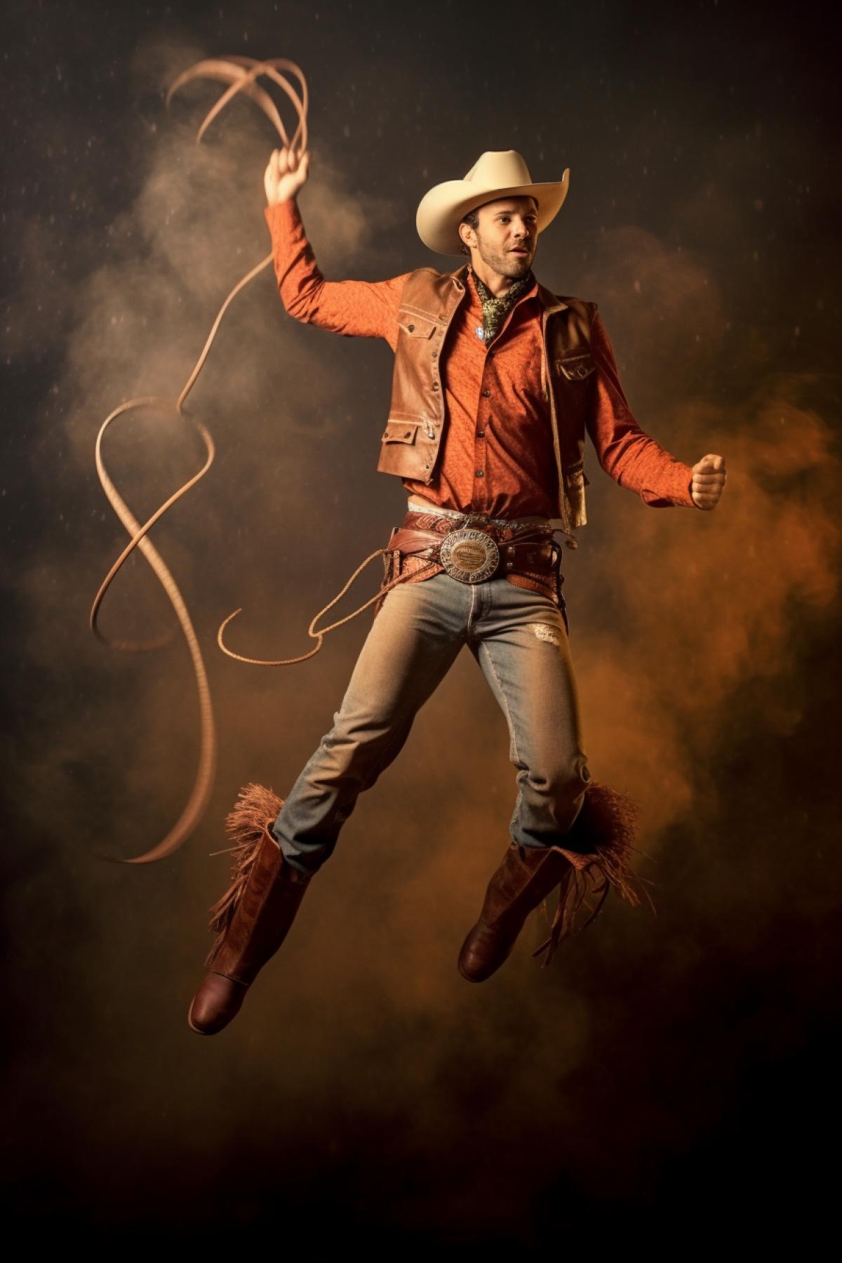 American cowboy costume. Lasso. Marlboro cowboy. High detail. The photo was taken in motion. Satisfied smile. Photo in full growth.