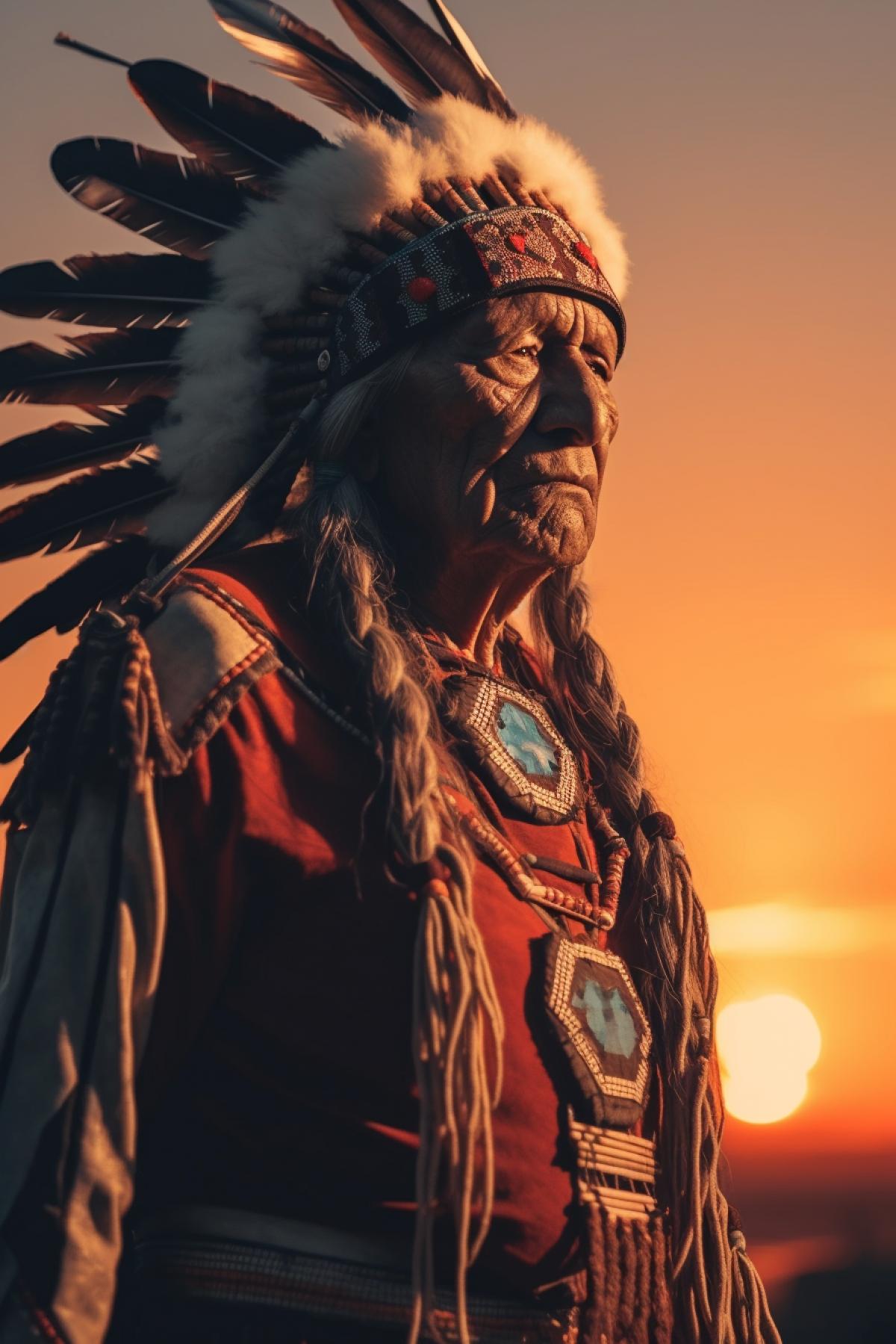 Proud Indian chief in national costume at sunset